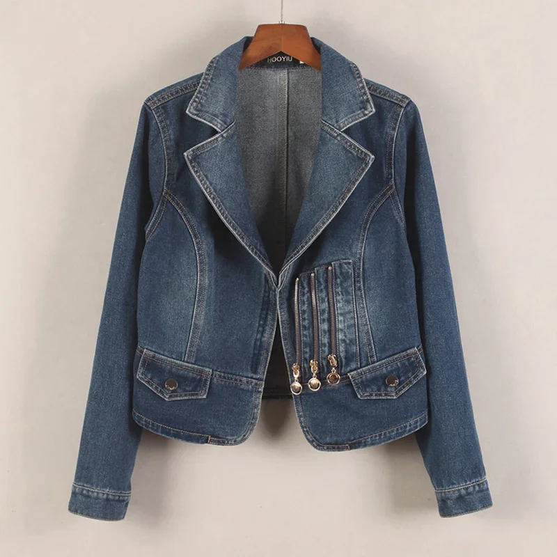 Dark Blue Slim Short Denim Jacket Women Spring Autumn New Multi-Zipper Decoration Notched Collar Long Sleeve Jeans Jacket Coat