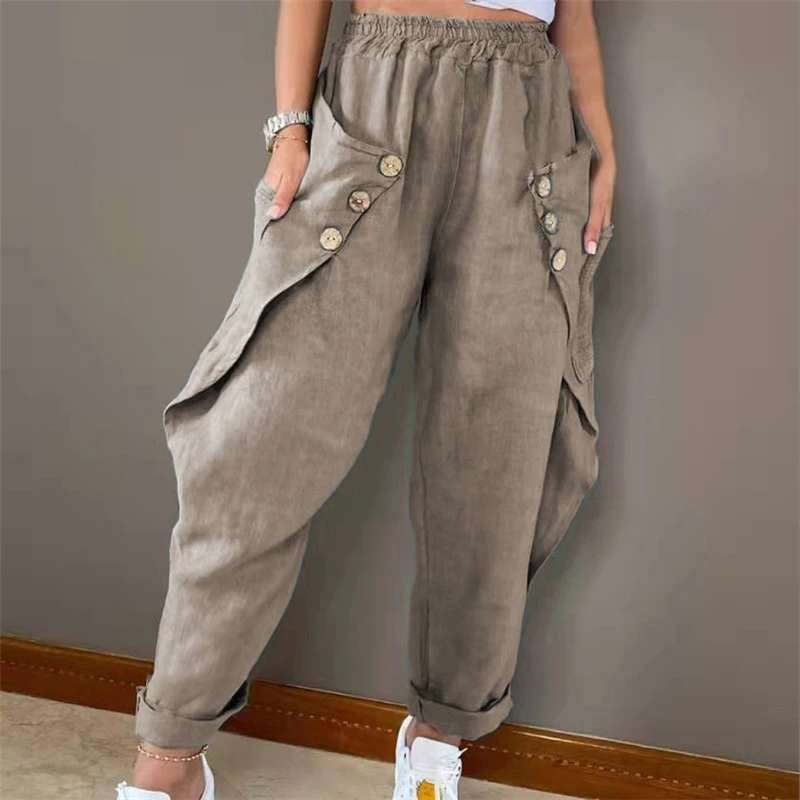 

Summer New Casual Distressed Loose Trousers Button Patchwork Pockets Solid Color Mid Waist Fashion Black Harem Pants for Women