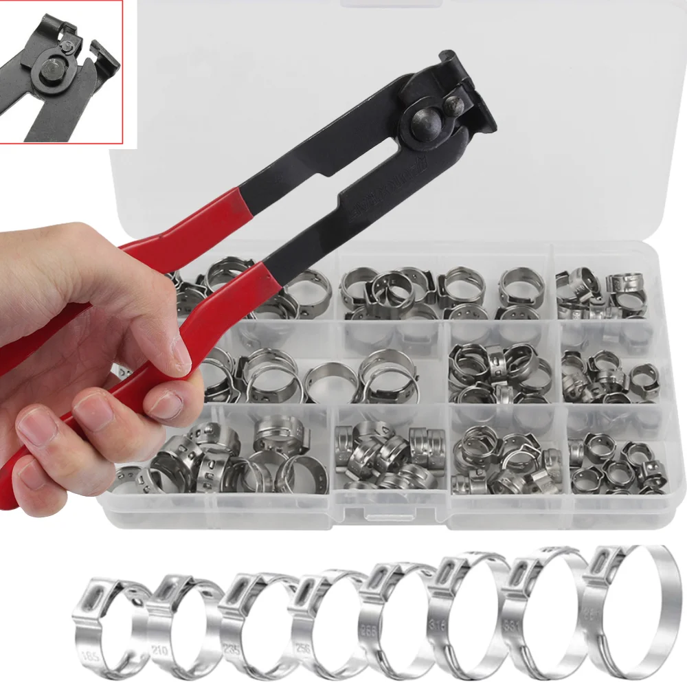 100 Stück 5,3-15,3mm Edelstahl Einohr-Klemmring-Kombination + Spannzangen-Set, Crimpzange, Holzbearbeitungsklemmen