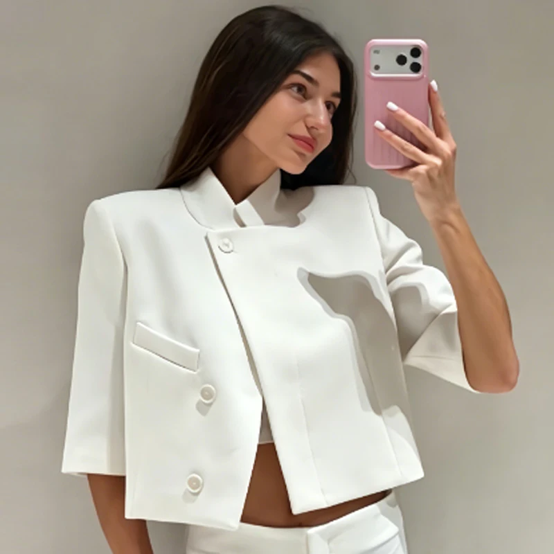 HXAO Crop Weiße Jacken Damenjacke Frühling Sommer 2026 Asymmetrische Knopfleiste Kurzarm-Oberbekleidung Schicke Streetwear Blazer für Frauen – Detail 9