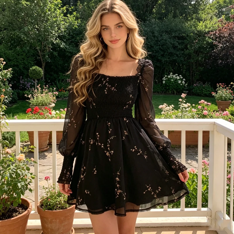 

Летнее черное шифоновое женское платье с принтом, винтажное, с квадратным вырезом, корейское, повседневное, элегантное, А-силуэт, короткое платье-сарафан