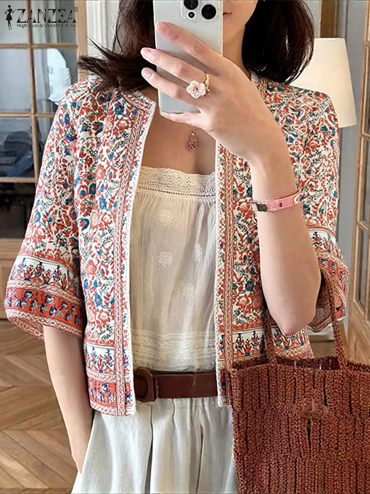 ZANZEA بلوزات على الموضة بالأزرار غير رسمية النساء نصف كم إيندي الشعبية قمصان مطبوعة الخريف كيمونو 2025 خمر فضفاض المفتوحة غرزة