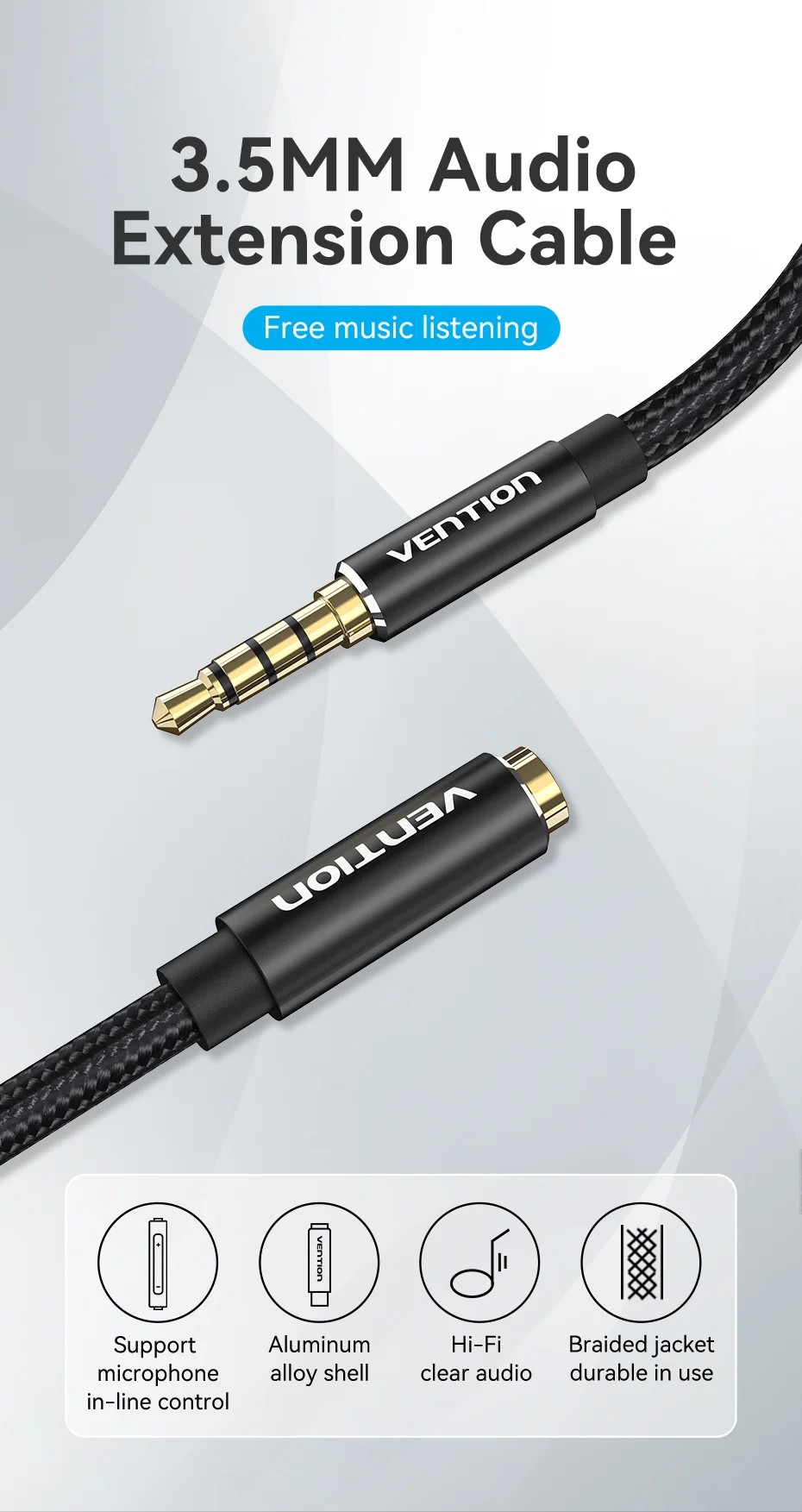 Vention 3,5 mm Stecker auf Buchse Verlängerungskabel Jack 3,5 Aux-Kabel für Auto Laptop Mini PC TV Stereo Audio Kopfhörer Lautsprecherkabel – Detail 1