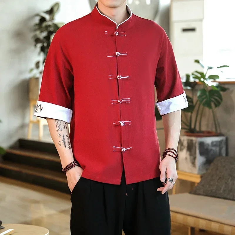 Embroidery Crane Shirts Men Traditional Chinese Clothing Vintage Half Sleeve Linen Cotton Shirts Madarin Collar Hanfu Kungfu Top