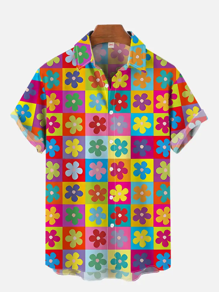 Retro square printed vacation shirt Flower Power Hawaiian casual shirt men\'s aesthetic top short sleeved top plus size