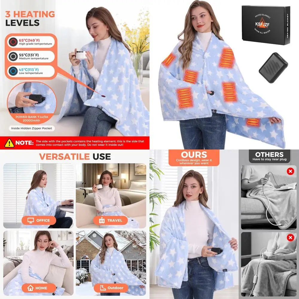 

Portable Cordless Electric Heated Blanket, 20000mAh Battery, 3 Heating Levels, 59x35.5 Blue