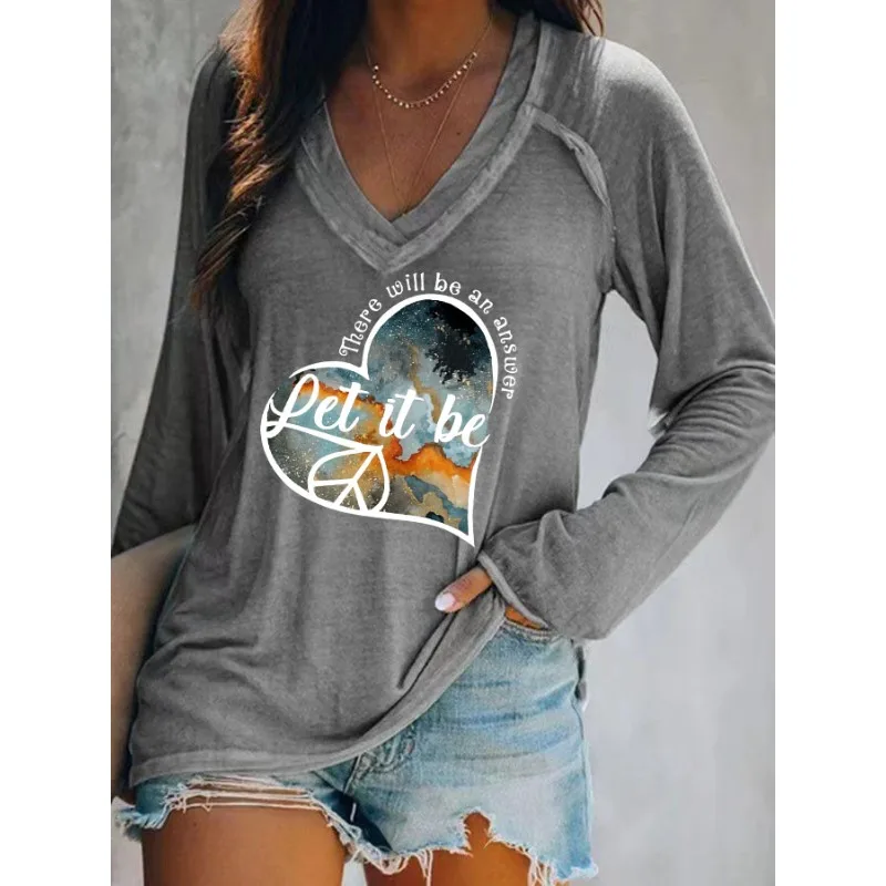 Ilstile Women's Hippie Love Let It Bet Print T-Shirts Autumn Summer Long Sleeve Casual Loose V Neck Tops Black Tees Hot Sale