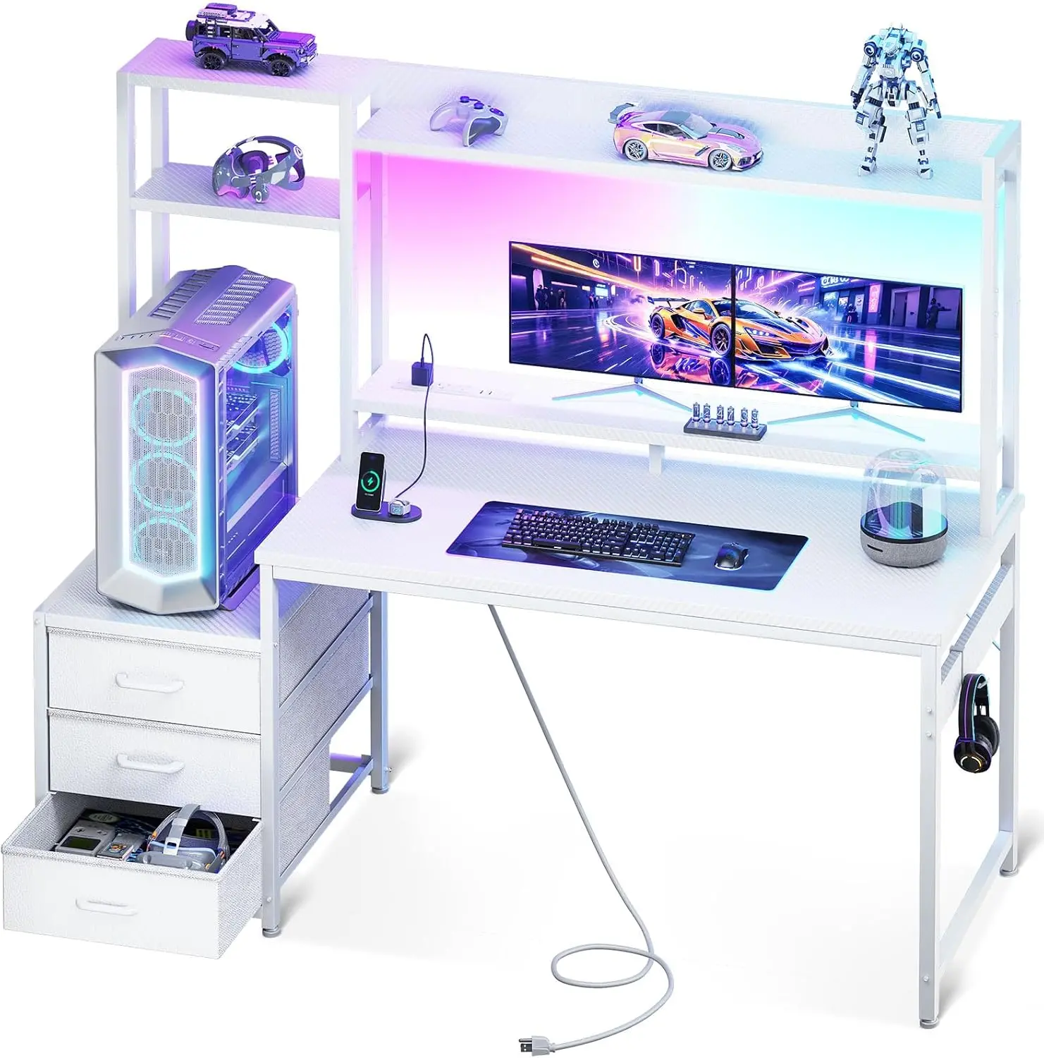 

48 Inch Gaming Desk with Hutch & 3 Fabric Drawers, Computer Desk with USB Ports & LED Lights, Reversible Pc Gamer Tab