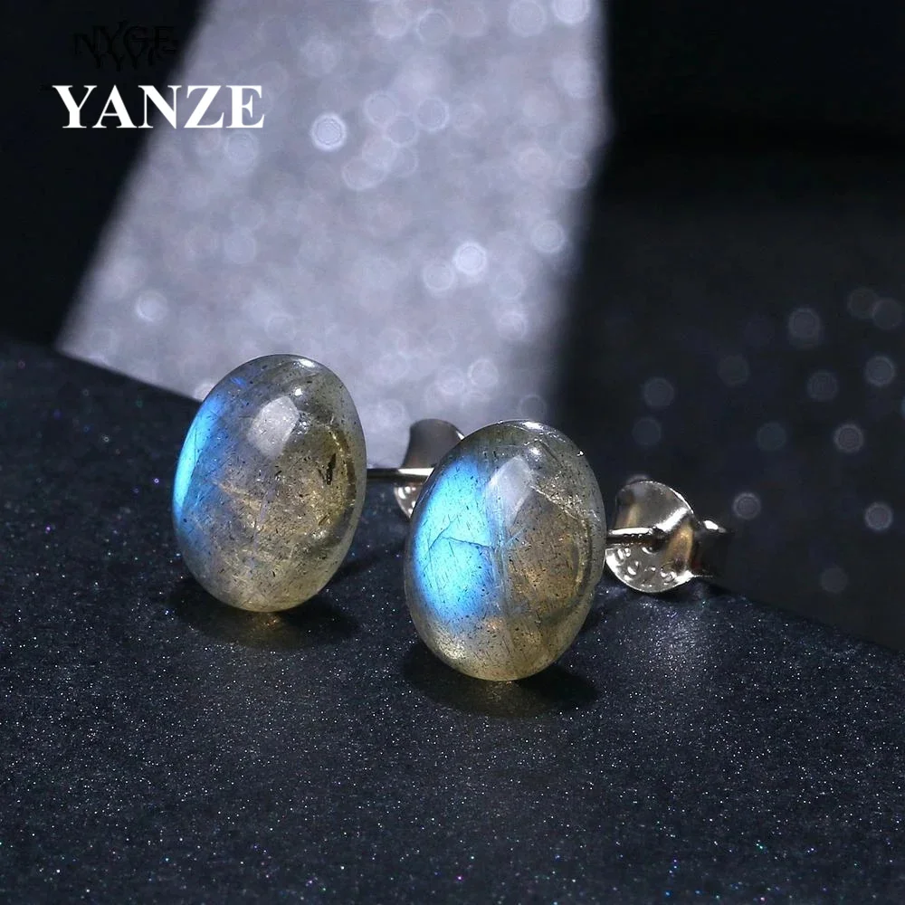 

Fashion 8*10mm Natural Labradorite Stud Earrings 925 Sterling Silver Charm Oval Grey Gem Stone For Women