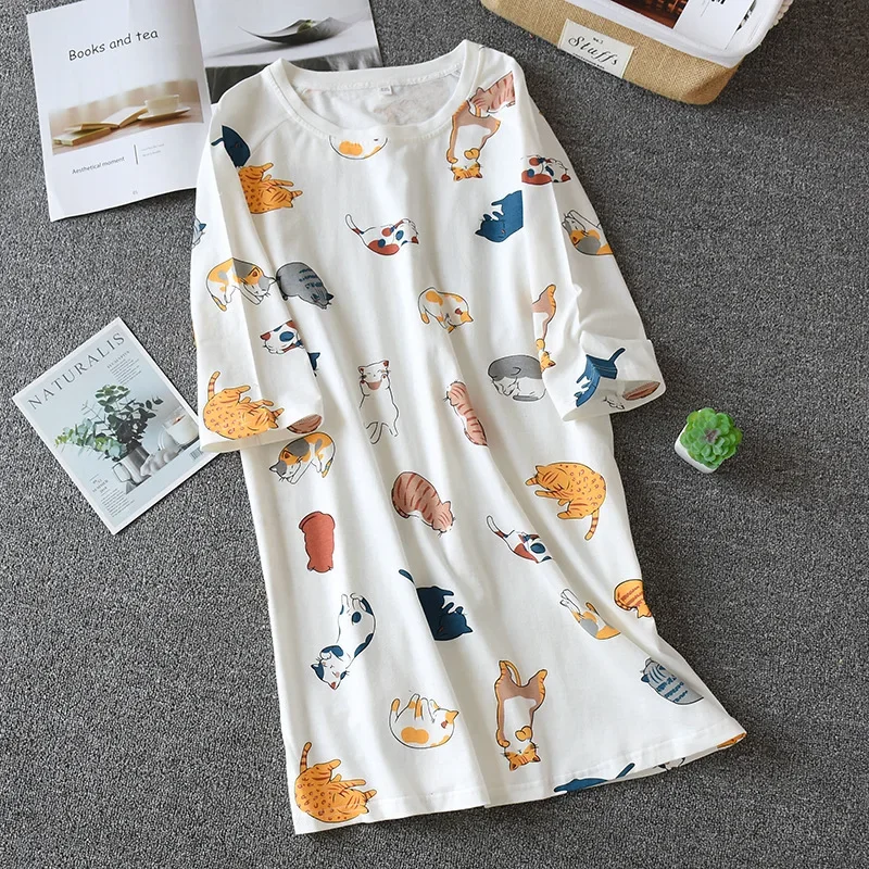 Spring and summer new Nightgowns 100% cotton printing loose large size home service ladies night skirt thin section short sleeve