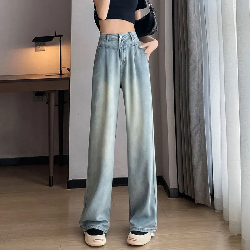 Women's High-waisted, Light and Soft Jeans. They Are Thin for Summer, Loose-fitting, Slimming, Straight-tubed and Wide-legged.
