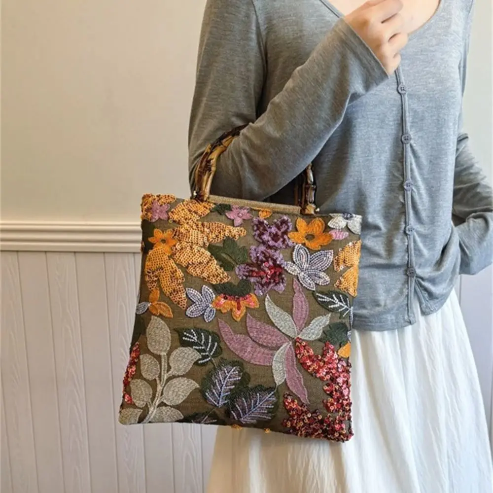 Bamboo Handle Embroidery Shopping Bag Retro Ladies Lace Weaving Tote Colorful Sequins Cotton Linen Woven Handbag with Inner Bags
