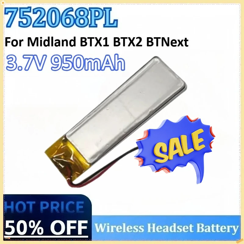 

New 752068PL 3.7V 950mAh High-Capacity Rechargeable Wireless Headset Battery for Midland BTX2 BTX1 BTNext Replacement Battery