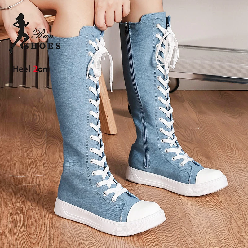 High Top Women Canvas Shoes Sneakers Lace-up Knee-High Boots Side Zipper Girls Flats Casual Shoes Fashion Large Size Long Boots