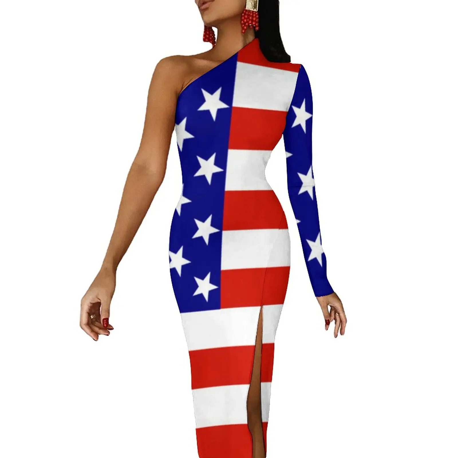 USA Flag Print Maxi Dress Long Sleeve Blue Stars Stripes Streetwear Bodycon Dresses Summer Side Split Cute Dress Women Clothes