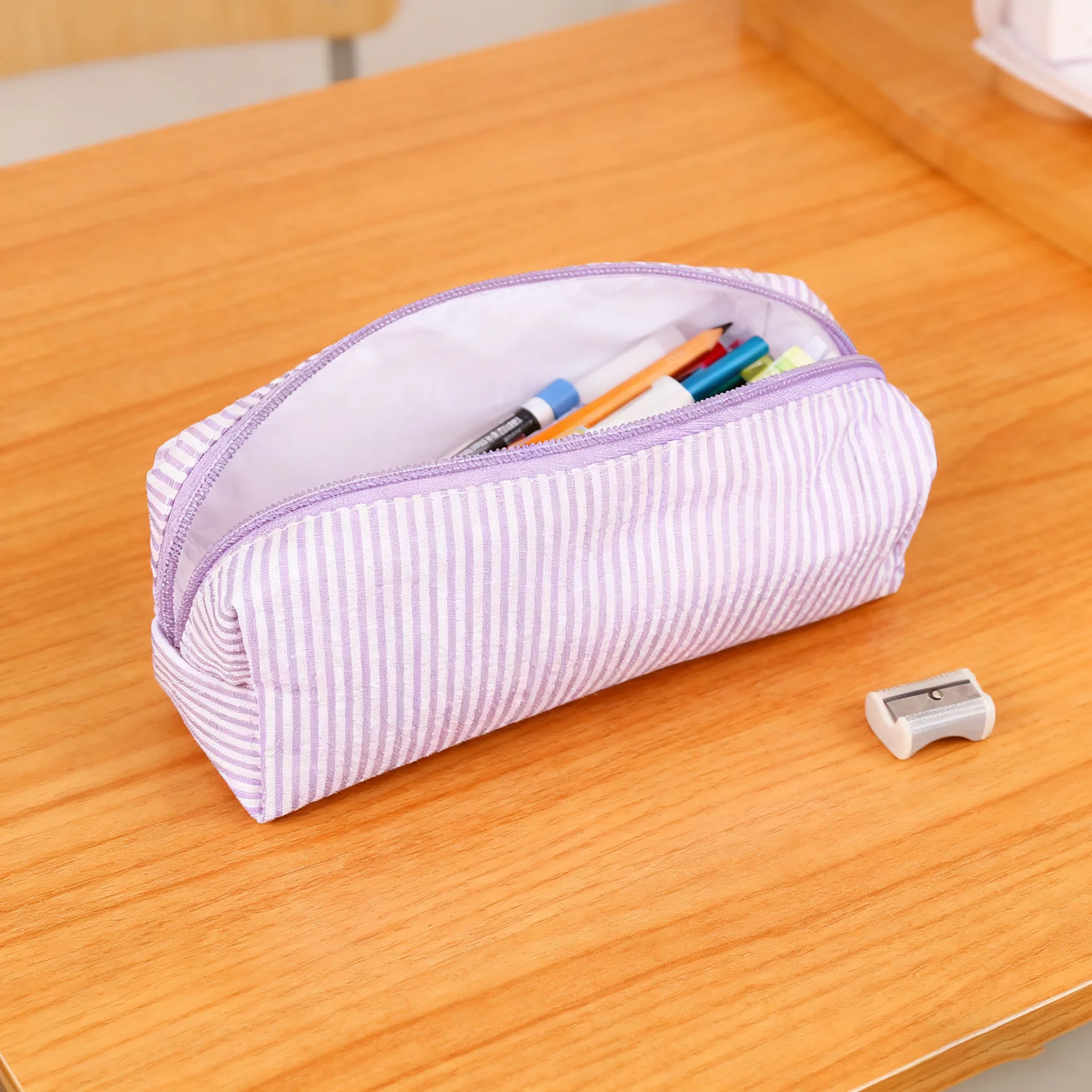 

Striped Pencil Pouch Large Capacity Portable Stationery Organizer Smooth Zipper Fabric School Supply Travel Makeup
