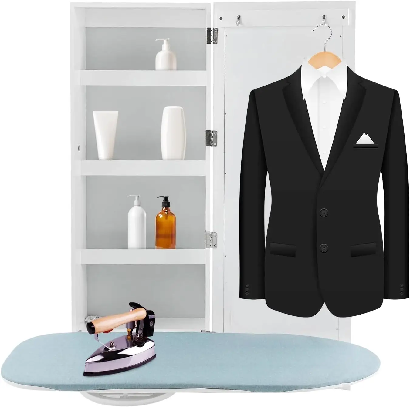 

Wall Mounted Ironing Board Cabinet Built In Swivel Ironing Board Folding Storage Mirrored Door Ironing Storage Station WhiteWai