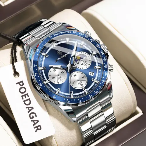 Reloj de pulsera POEDAGAR a la moda para hombre, cronógrafo con fecha, Reloj luminoso resistente al agua para hombre, relojes de cuarzo de lujo de acero inoxidable para hombre