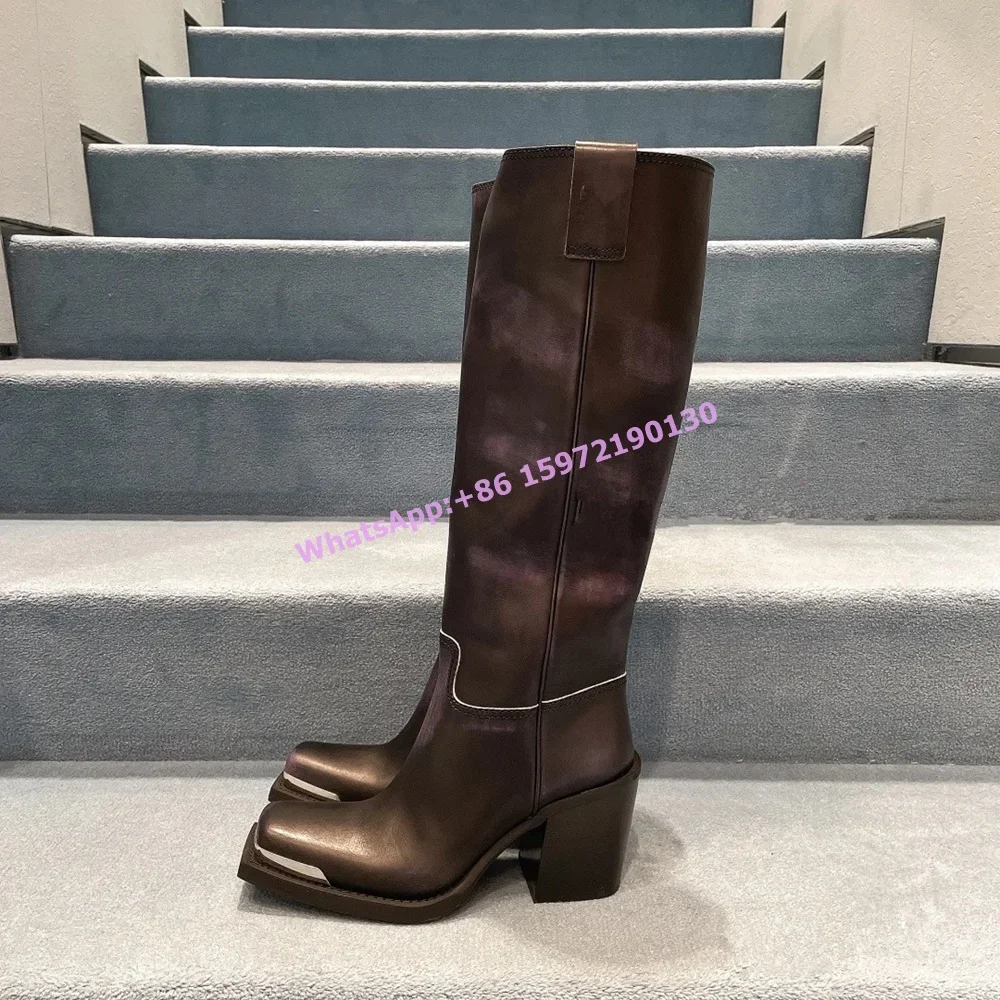 

Brush Off Leather Long Boots Black White Square Metal Toe Sewing Knee High Knight Boots Winter Fashion Warm Women's Shoes