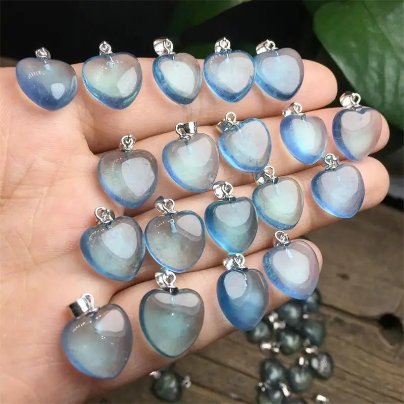 12MM Natural Aquamarine Heart Pendant Carving Reiki Healing Stone DIY Accessories Holiday Birthday Gift 1PCS