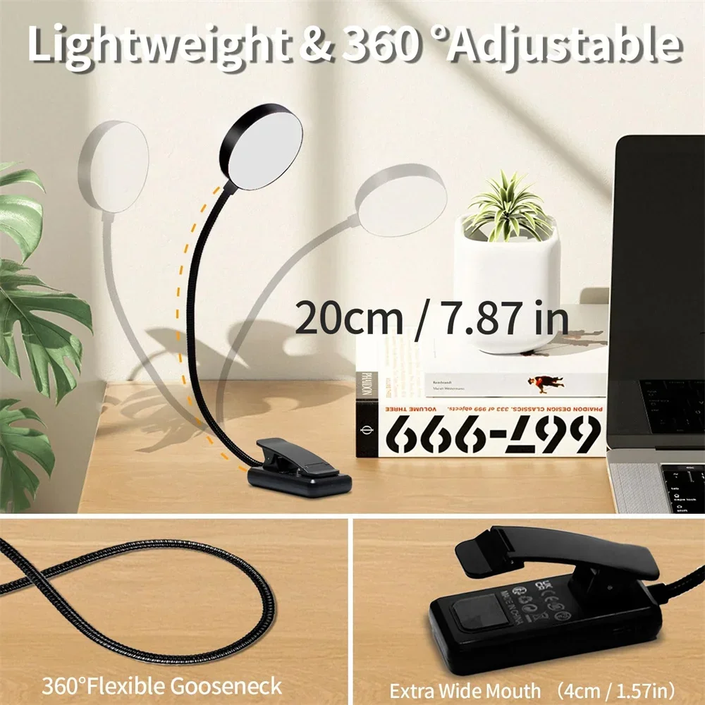 Mini LED Clip On Book Light, Flexible Neck Eye Protection Reading Lamp, USB Rechargeable Portable Light for Study Work & Reading