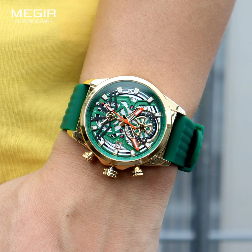 MEGIR Sport Quartz Watch Men Fashion Waterproof Chronograph Wristwatch with Date Olive Green Silicone Strap Luminous Hands 2235