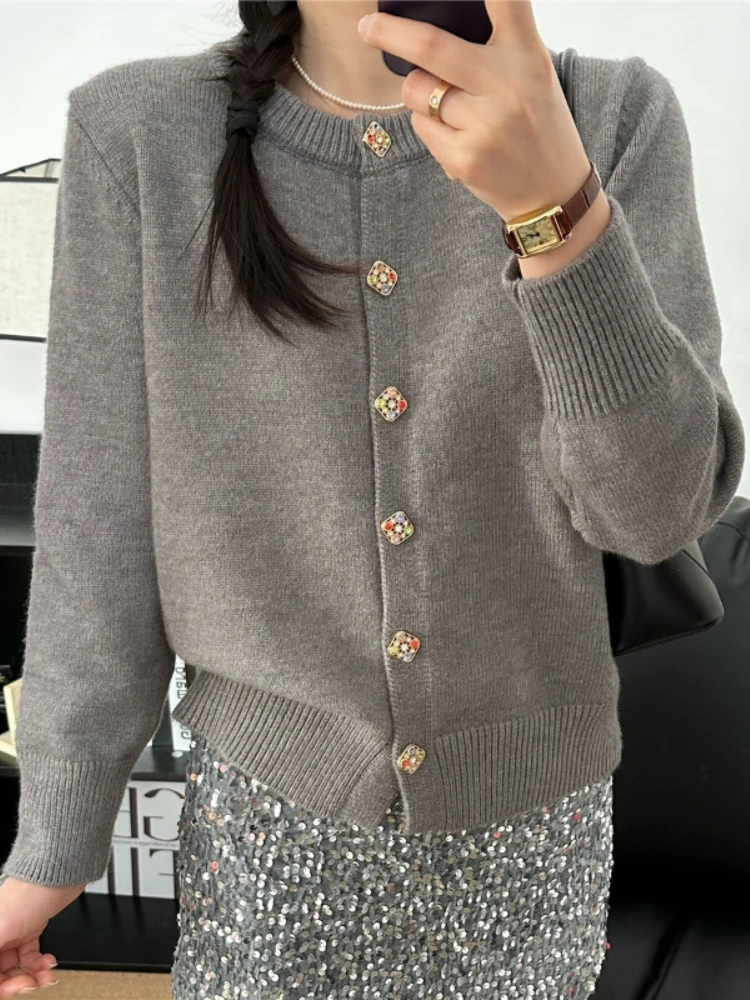 2024 Korean Style Solid Knitted Cardigan Women Loose Diamond Button O-neck Sweater Short Jacket Winter Warm Casual Knitted Coat