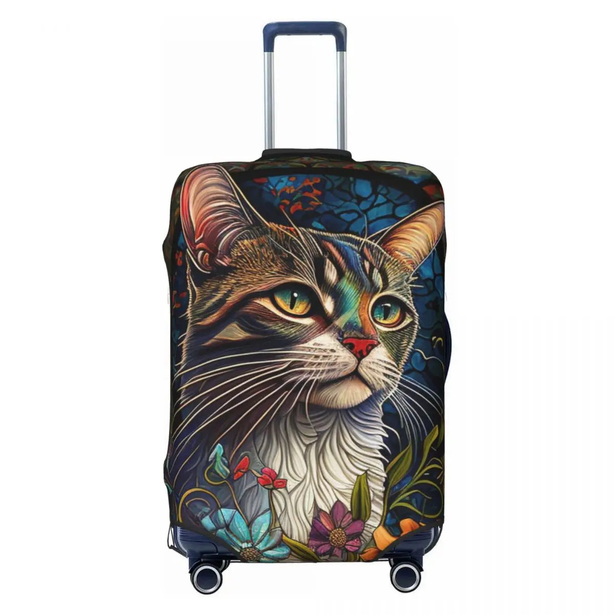 Cat With Flowers Suitcase Cover colorful stained glass Business Protection Vacation Elastic Luggage Supplies