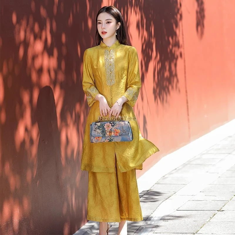 2026 new chinese retro national style female fashion suit half sleeve stand collar top elegant women daily embriodery set