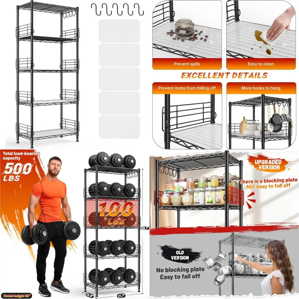 Adjustable 5-Tier Metal Wire Pantry Storage Unit with Side Blockers, 59.1 High