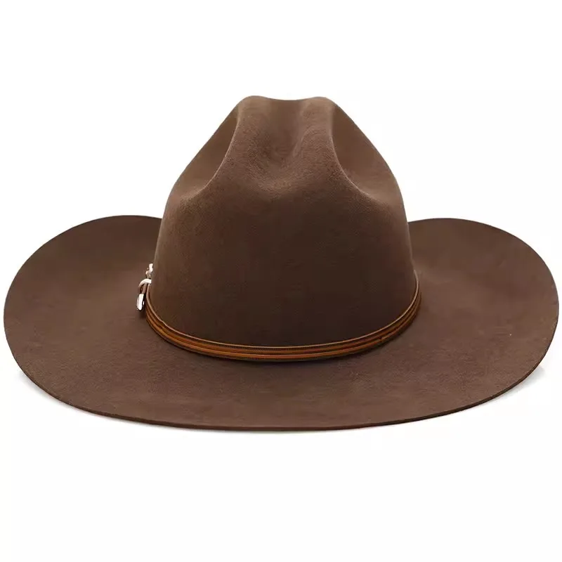 Brand Design Unisex Western Cowboy Hat Wool Felt American Hats Fedora Coffee Color Outdoor Wide Brim Hat