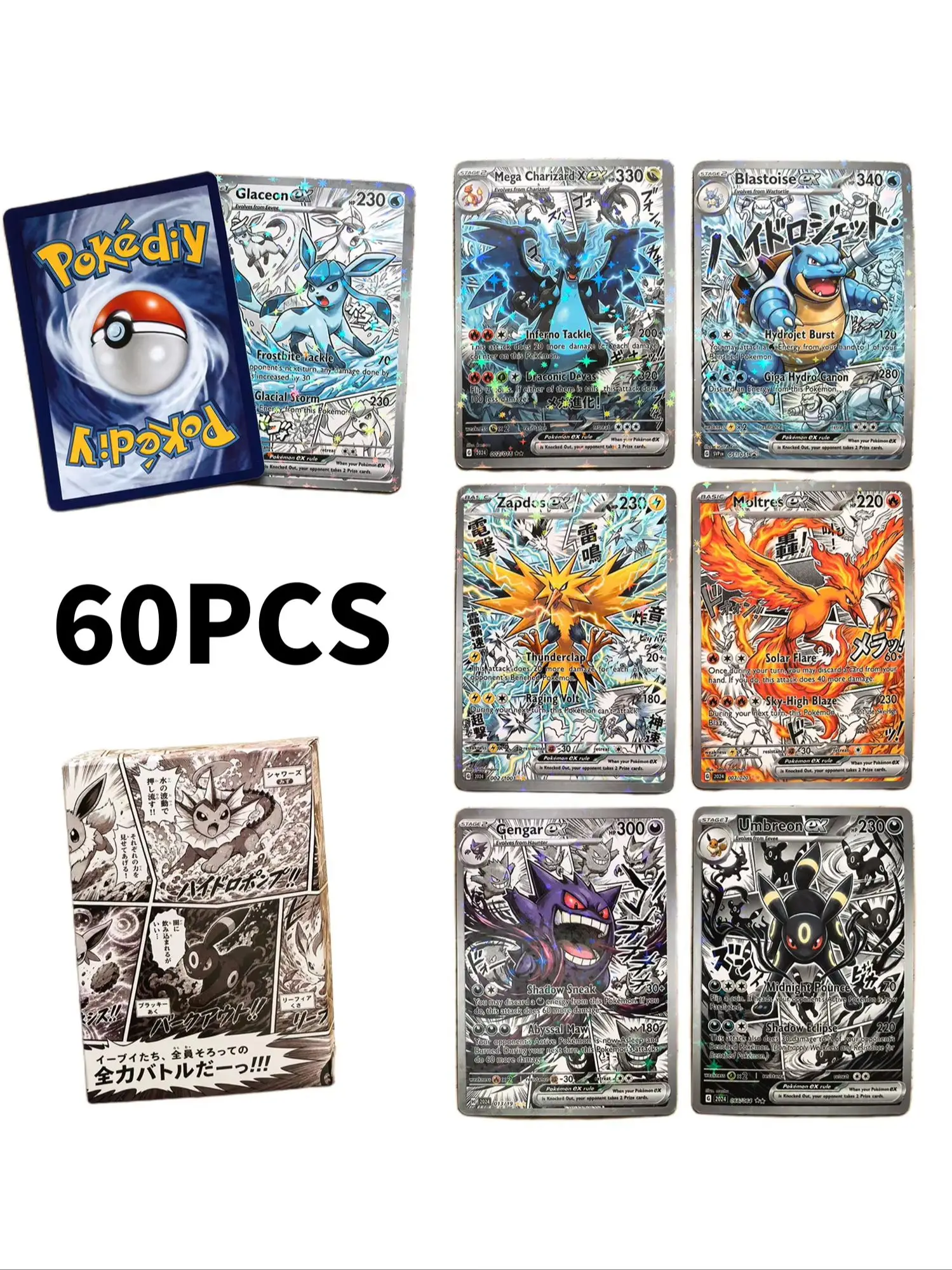 60 Stück Pokediy Comic-Stil Benutzerdefinierte Poke ex Karten Manga Anime Version Klassische Sammlung Eevee Charizard Mega Kindergeschenk