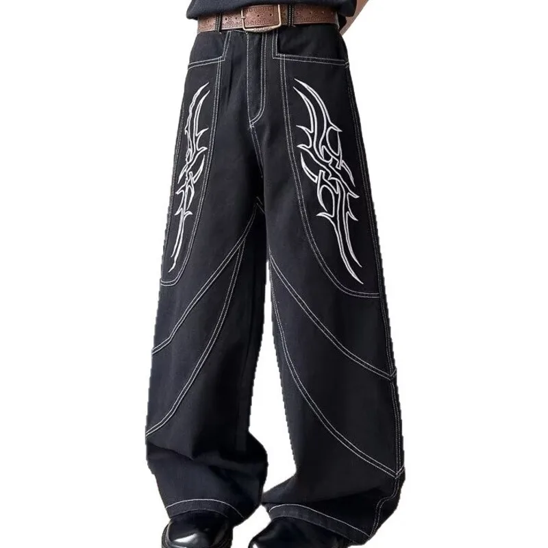 HKSH Primavera Estate Nuovi Uomini Marea Y2K Moda giovanile High Street Chic Jeans Fiamma Ricamo Lavato Pantaloni larghi a gamba larga Ins HK5246