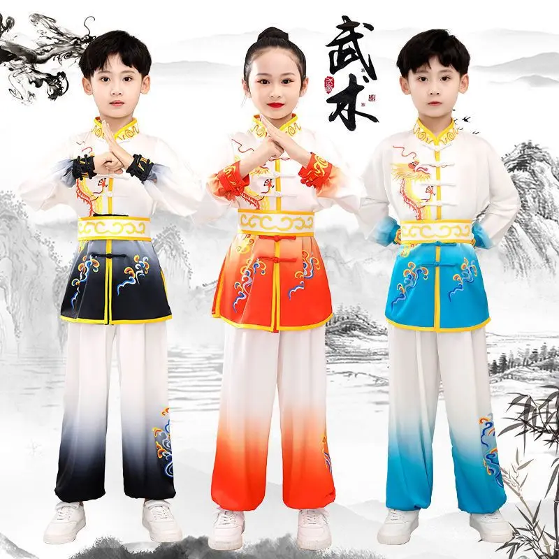 2024 chinese traditional wushu clothing for kids martial arts uniform kung fu suit dragon print stage performance costume set