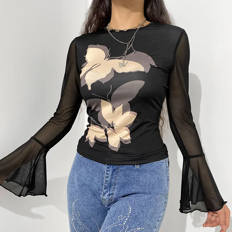 

2022 Autumn New Mesh Stitching Gothic Trumpet Sleeve Sexy T-shirt Slim Bottoming Butterfly Print Round Neck Casual Top T-shirt