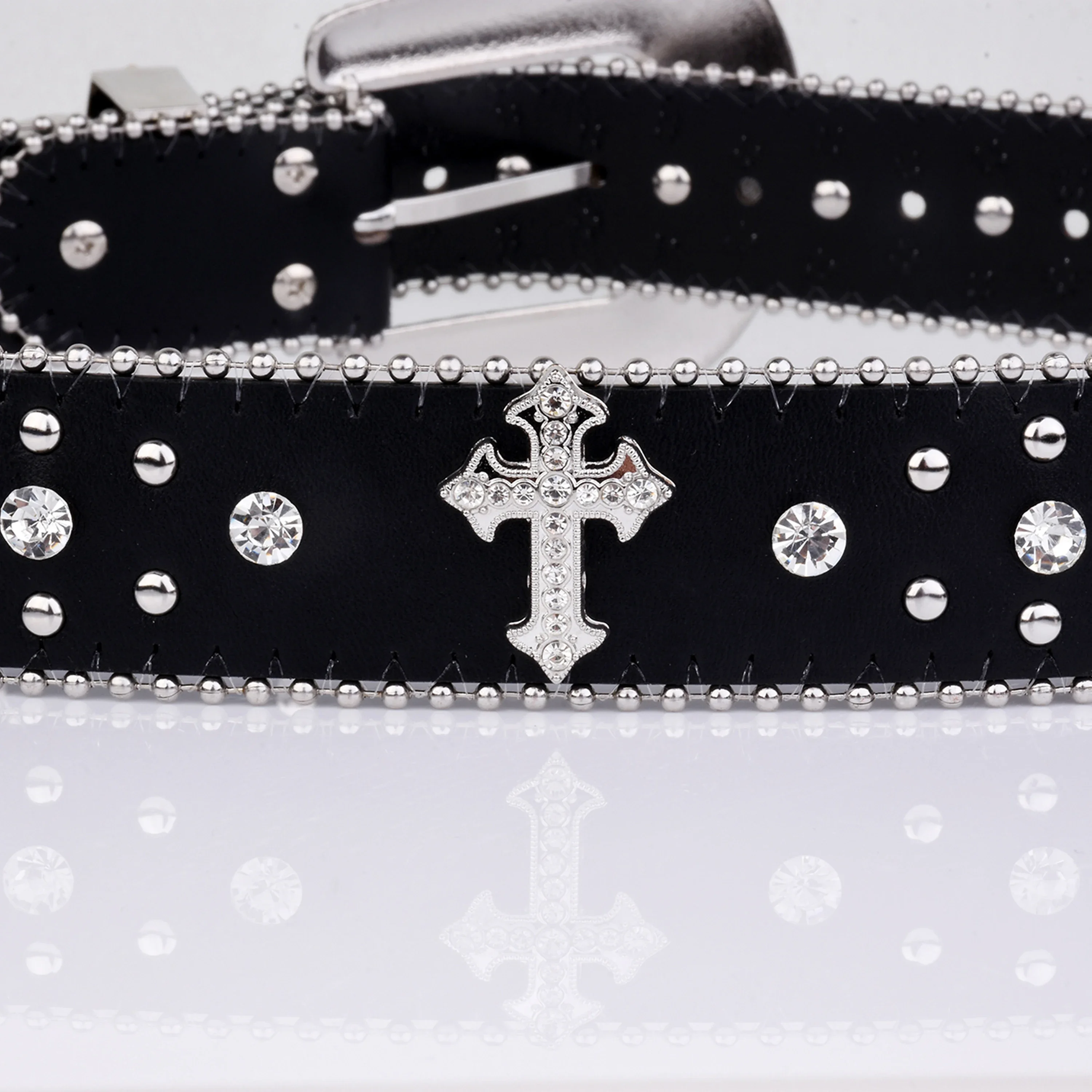 2024 Black Cross Rivet Belt Engraved Buckle Rhinestone Decor PU Belt Hip Hop Jeans Pants Belt Punk Western Cowboy Cowgirl Belts