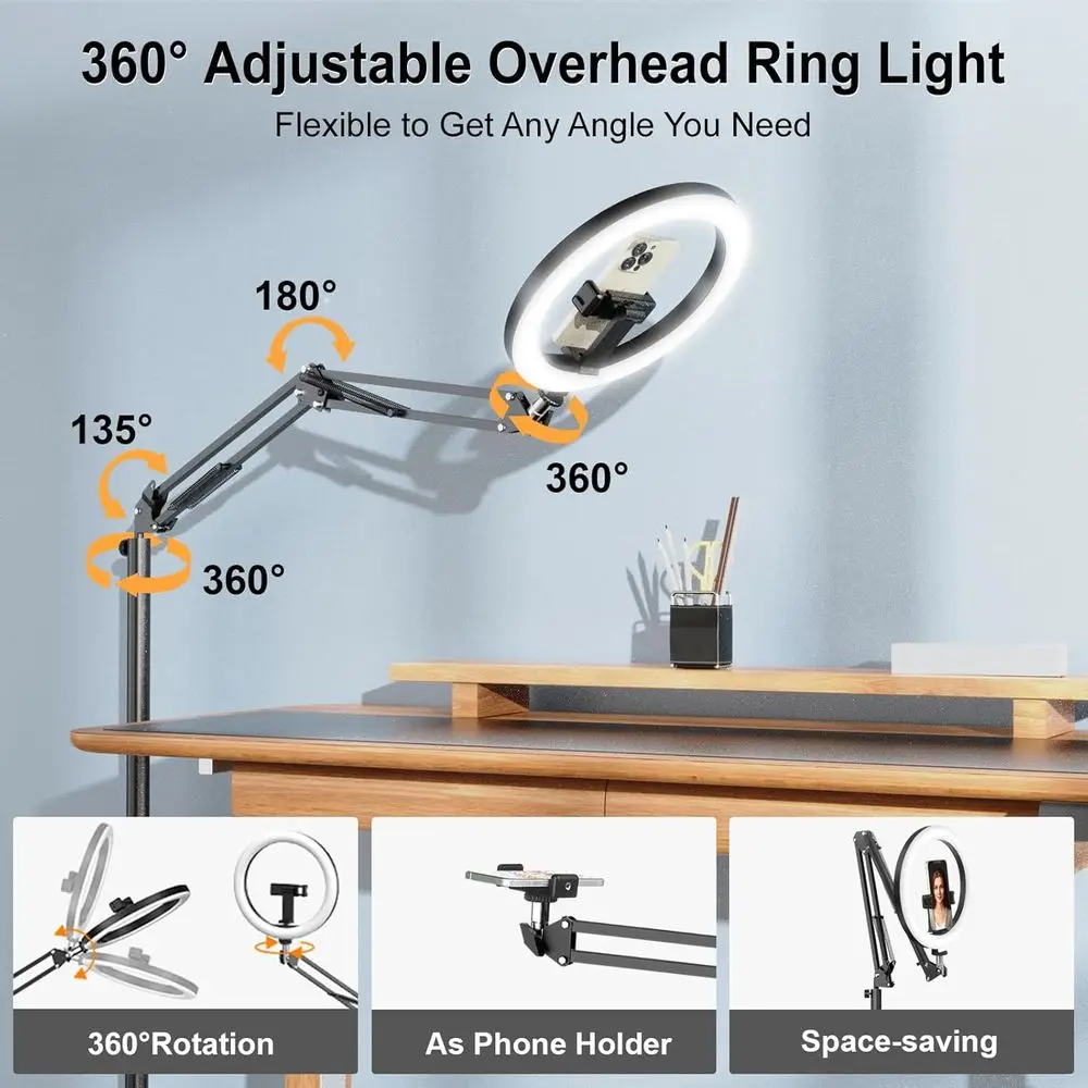 10 حامل ثلاثي القوائم قابل للتعديل مع ضوء حلقي لهاتف iPhone، حامل علوي للفيديو والبث والتصوير الفوتوغرافي #3