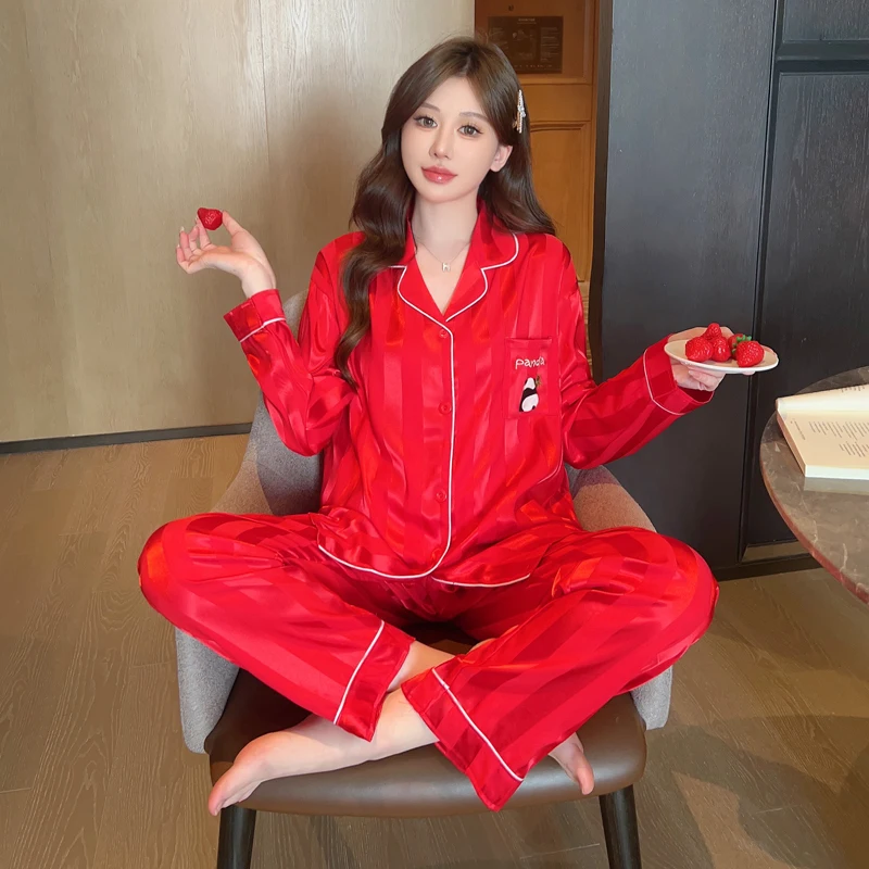 Women Sleepwear Set Spring Satin Long Sleeve Festive Red Pajama Set Turn Down Collar Faux Silk Panda Female Pijama Home Wear