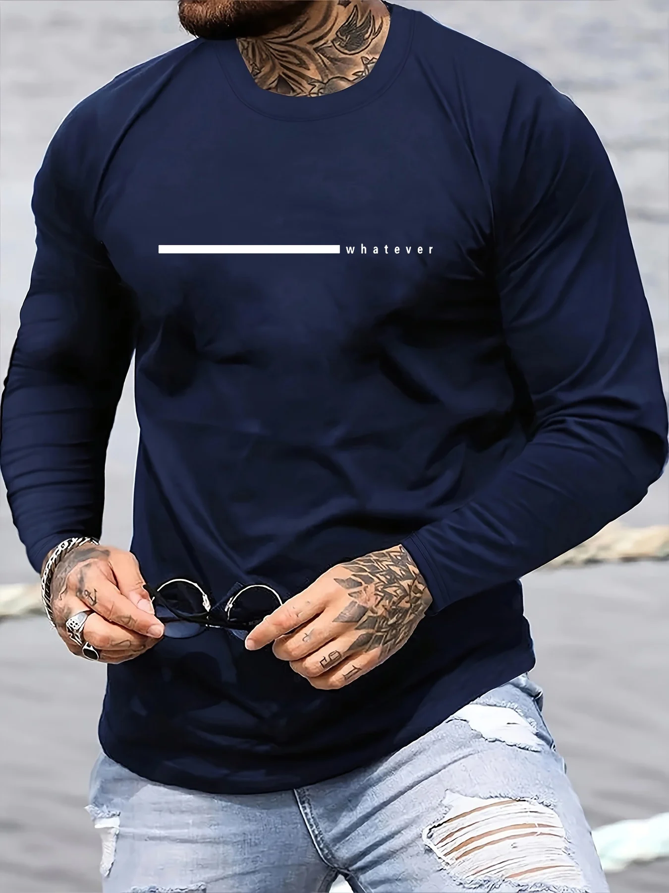 100% pure cotton men's long sleeved round neck loose casual whatever letter printed spring and autumn versatile T-shirt top