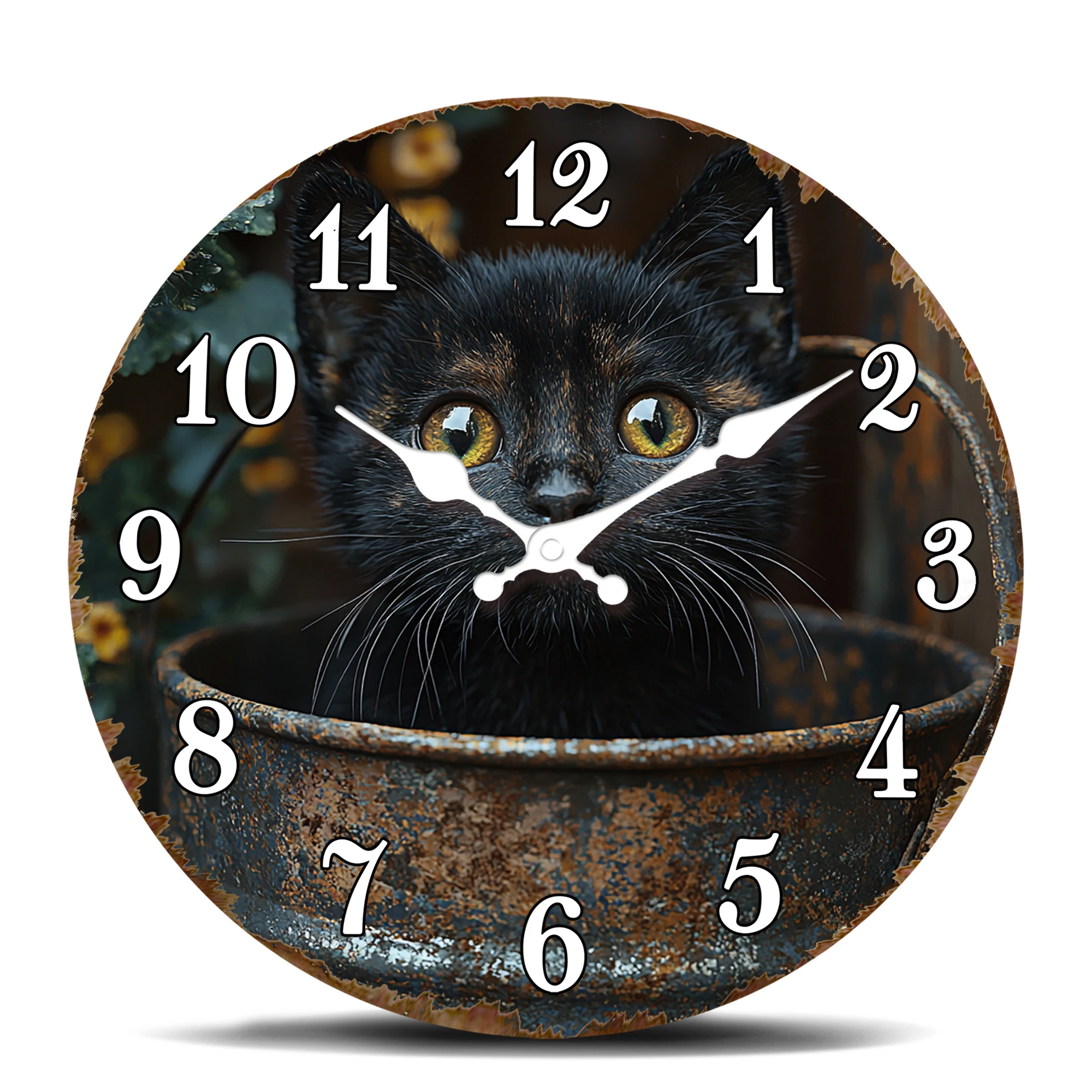 Schwarzes Kätzchen in rostiger Schüssel, runde Wanduhr, niedliches Haustier-Dekor, leise Quarzuhr mit bezauberndem Katzenporträt und Vintage-E