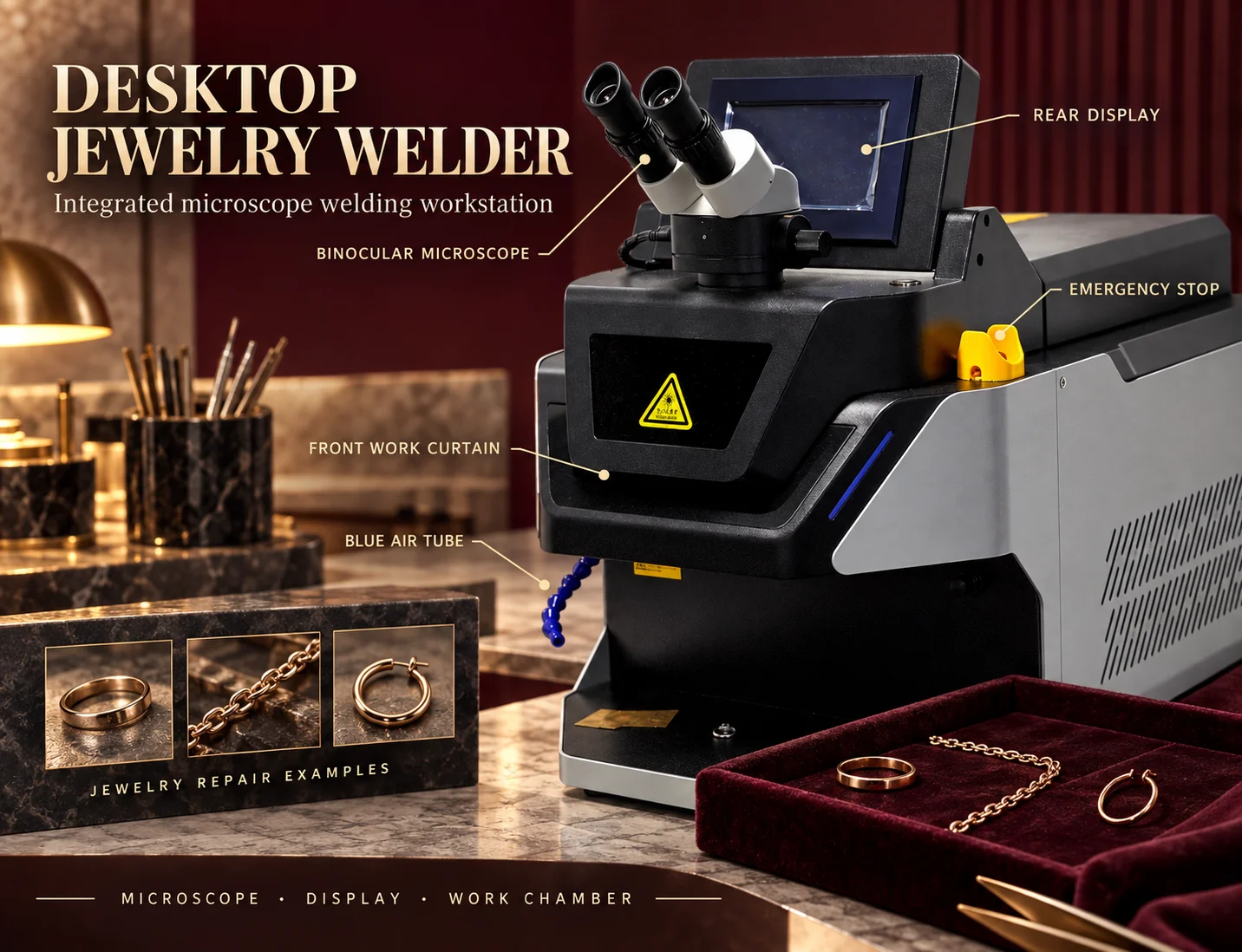 DW200B Desktop Jewelry Laser Welder with Binocular Microscope, Black Work Curtain and Flexible Air Nozzle for Repair
