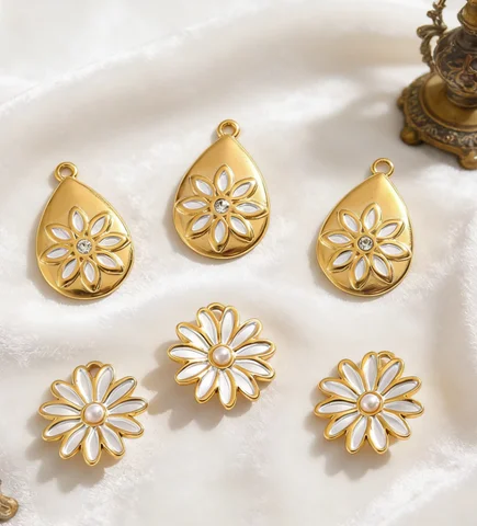 3pcs18k Stainless Steel Enamel Teardrop Daisy Flower Charms Gold Plated DIY Necklace Earrings Jewelry Making Supplies Wholesale