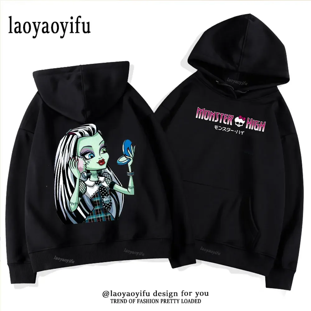 Women\'s Hoodies Harajuku Y2K Tops Hooded Shirts Black Monster High Punk Gothic Anime Monster Print Sweatshirt Female Clothes