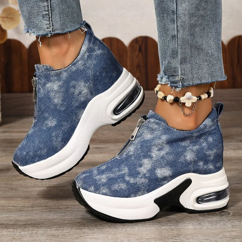 

Women's Sneakers Platform Casual Shoes Blue Denim Wedge Vulcanized Shoes Fashion Slip on Single Shoe Zipper Non-slip Women Shoes