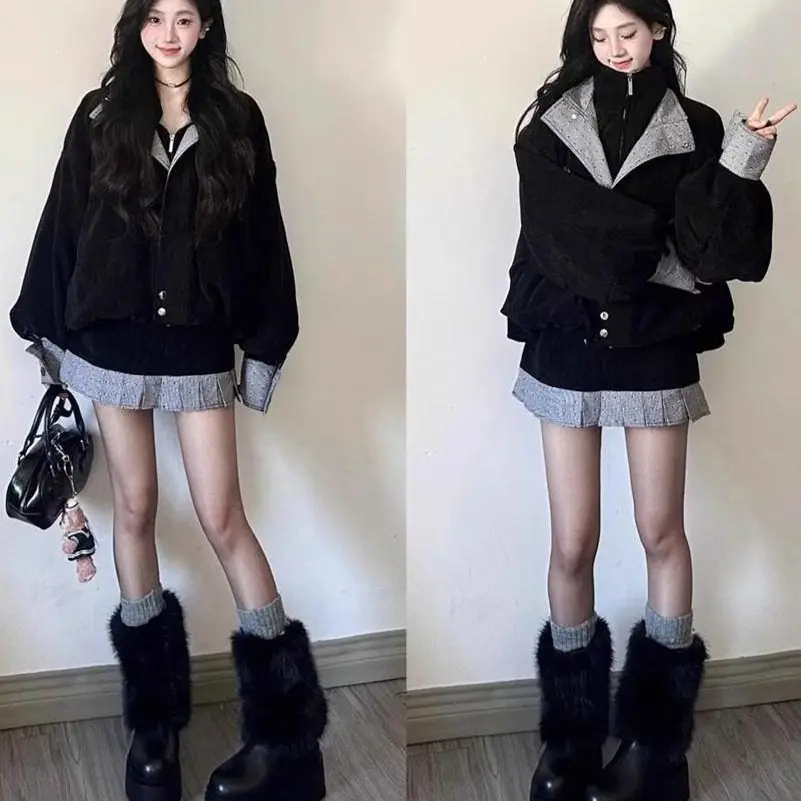 

Черный школьный костюм-двойка для женщин: осенний новый модный комплект в стиле Miu System с короткой юбкой, свободный крой, на пуговицах, в милом стиле