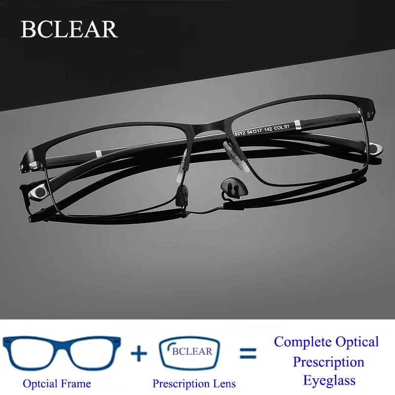 BCLEAR Men's Myopia Prescription Glasses Square Full Rim Frame Progressive Alloy Optical Eyeglasses Multifocal Business Eyewear