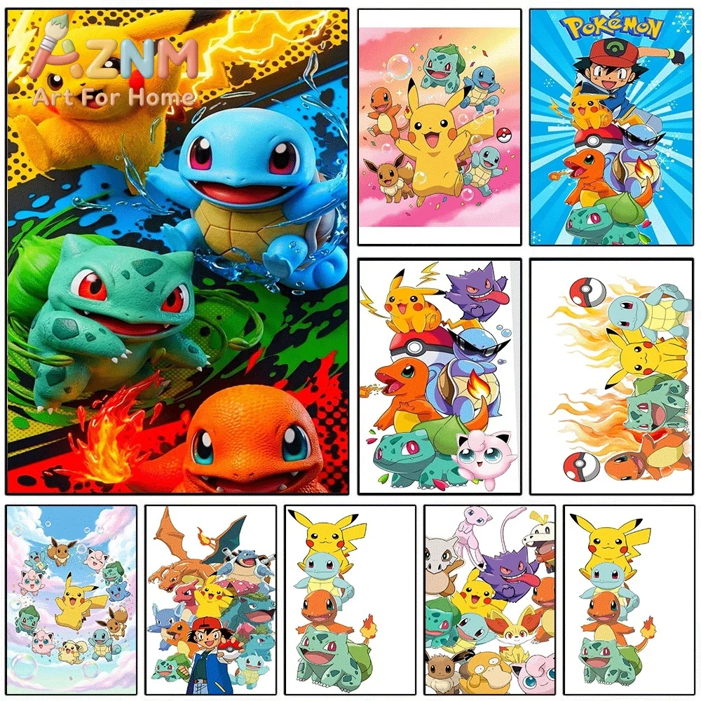 3D Style Pokemon Starters Pikachu Squirtle Canvas Wall Art No Frame Anime Print Poster Painting for Kids Bedroom Living Room H
