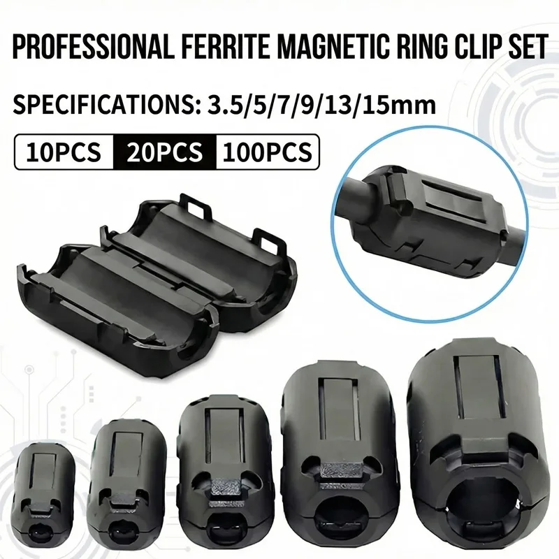 

10/20/100PCS Snap-On Ferrite Core Clamp, 3.5–15mm Ring Magnetic Bead EMI RFI Noise Filter Choke for USB Power Audio Video Cables