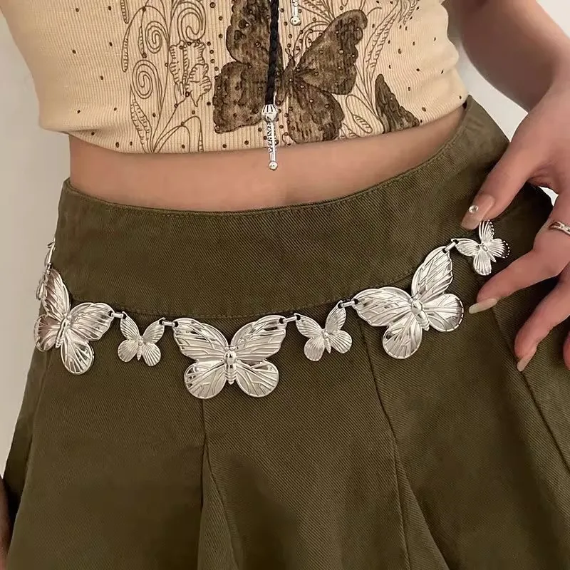 Bohemian retro silver metal butterfly waist chain women's niche high-end belt accessories ethnic style skirt