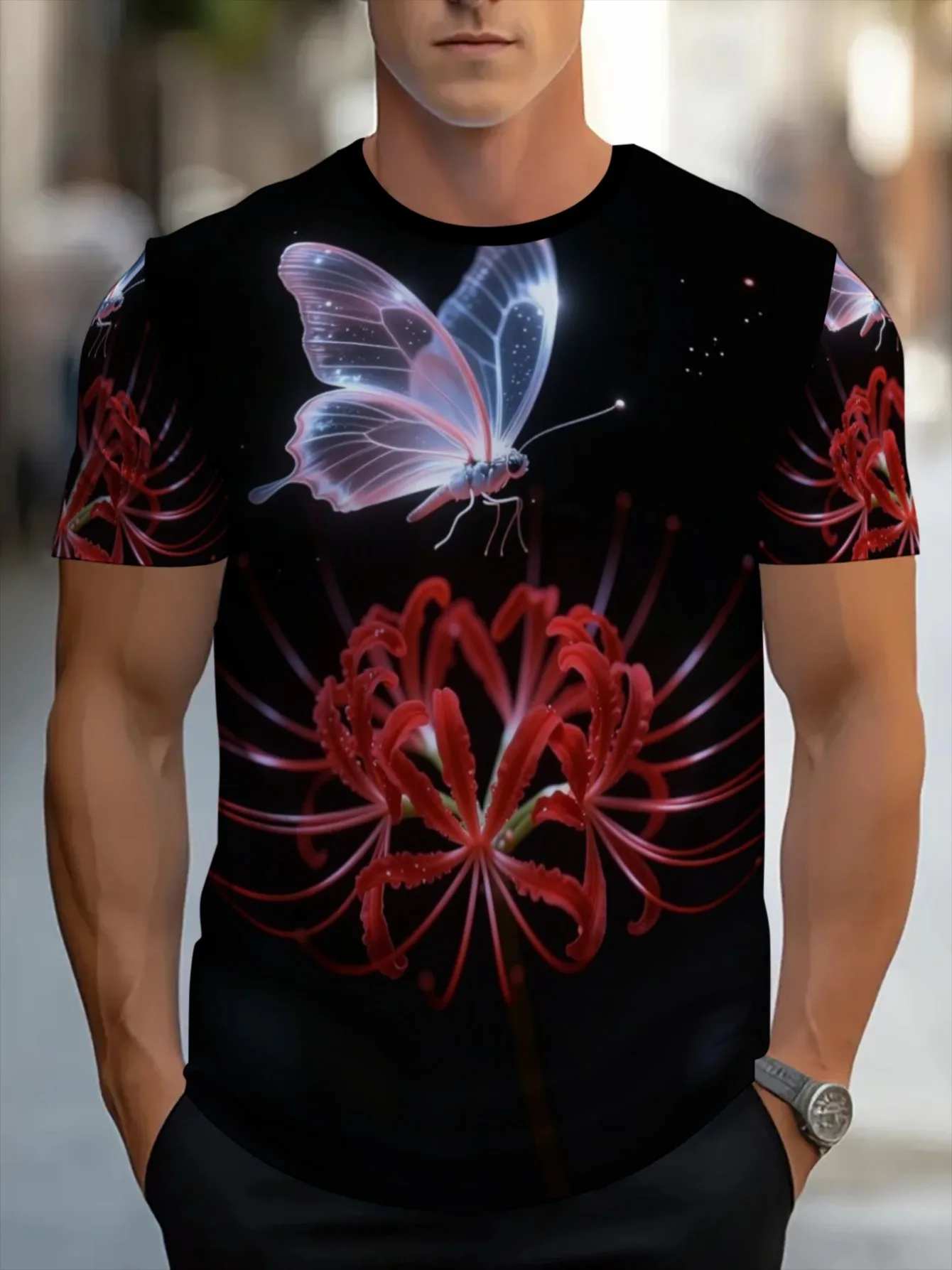 Men Red Spider Lily Glowing Butterfly Print Crew Neck T Shirt Black Short Sleeve Casual Streetwear Tops